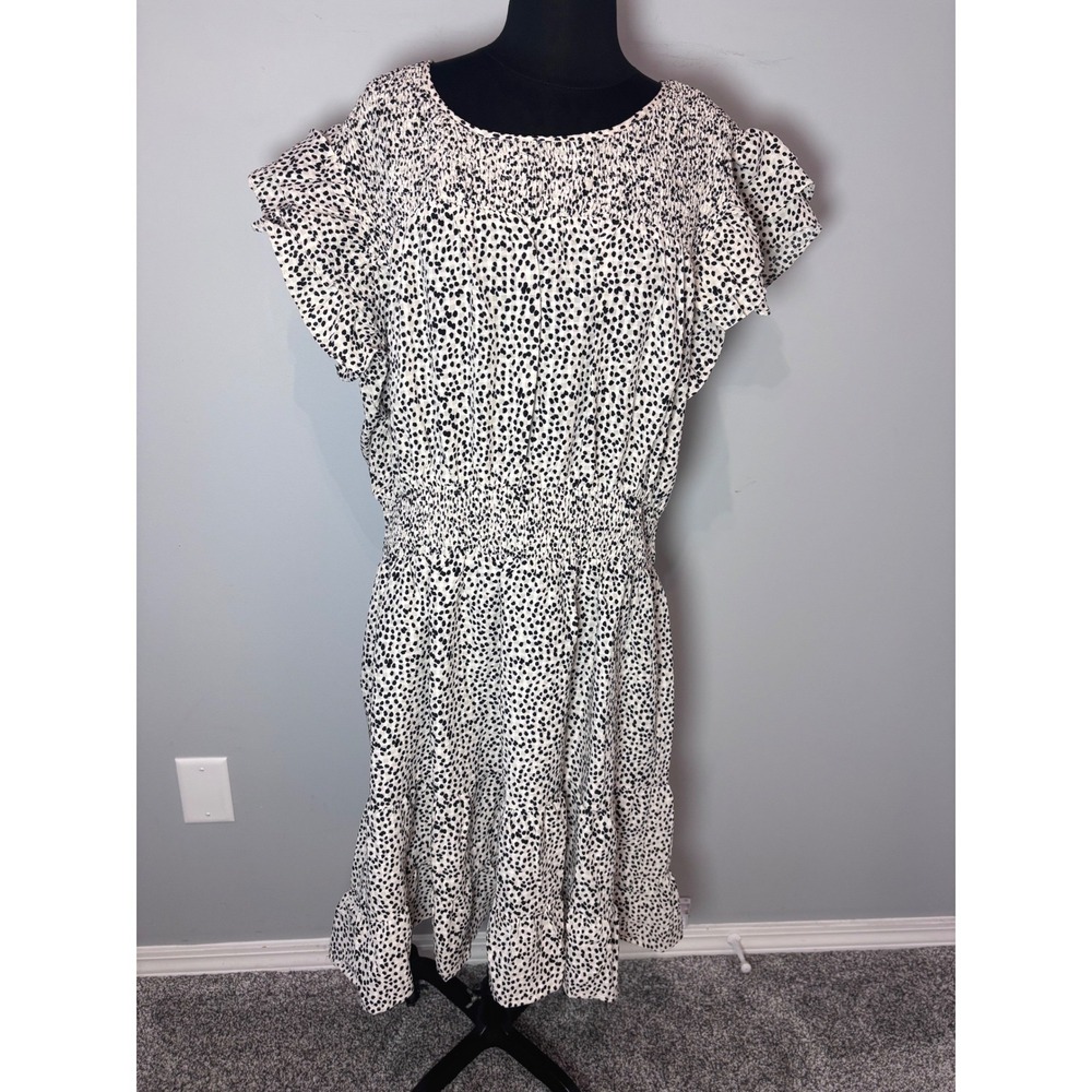 ODDi Women's‎ 3XL Black White Dalmatian Print Smocked Shirred Midi Dress NWT